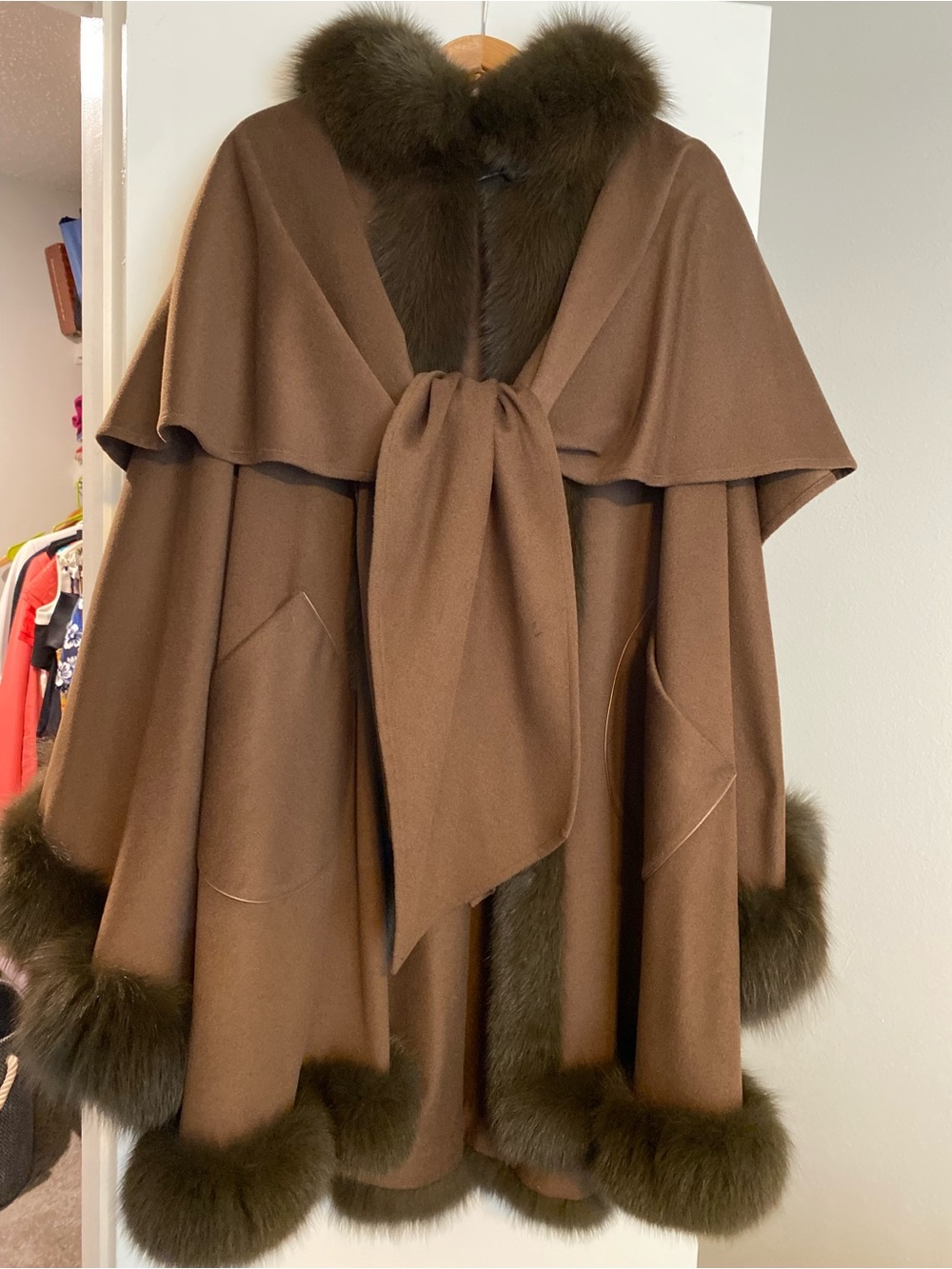 Brown Fur-Trimmed Wool Cape Coat